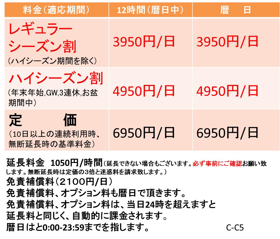 24時間出発返却自由 2950円／当日12時間（8:00〜20:00まで）3950円／深夜早朝返却28時間(0:00〜翌朝6:00)*別途免責補償料がかかります。 配属台数1台