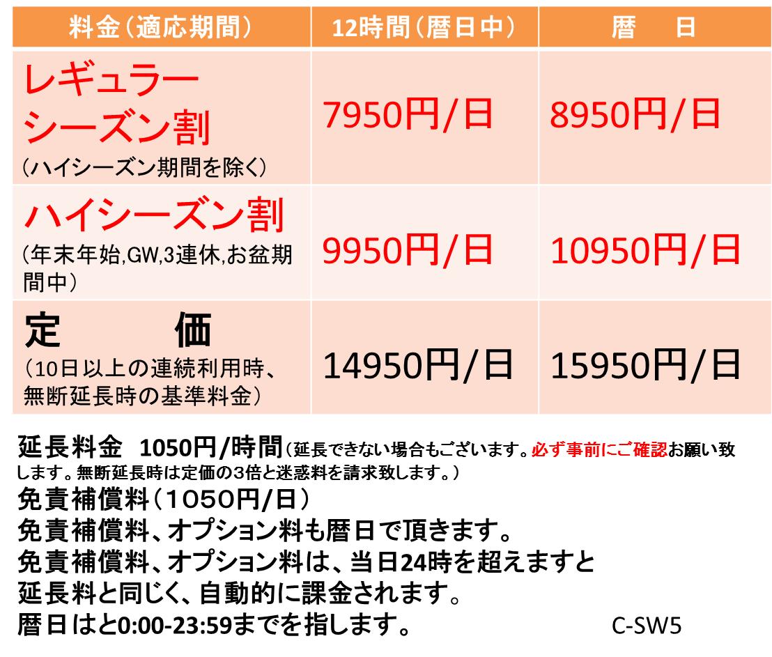 日帰り0時～24時まで6,950円　配属台数1台